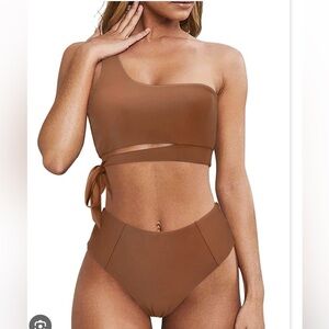 Two Piece Bikini Set Brown Full Coverage Swimsuit Tummy Control Padded NWOT L